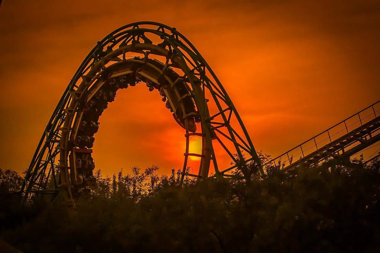 roller coaster, amusement park, sunset